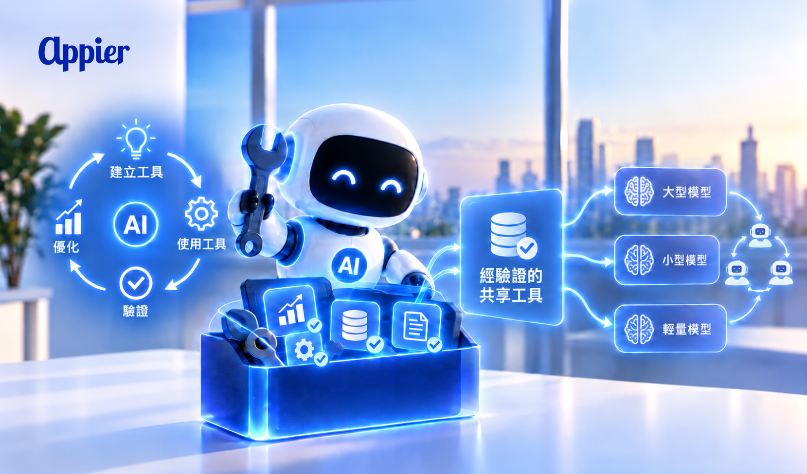 【圖說】Appier 最新研究讓 AI Agent 能自主建立、使用、驗證並優化工具,並將經驗證的工具跨模型共享,讓更輕量的模型也能有效處理新任務,推進更高效、可規模化的多代理協作。